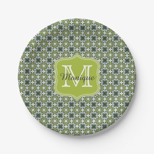 Monogram Green Flowers Pattern Paper Plates (Front)
