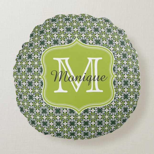 Monogram Green Flowers Pattern Round Pillow (Front)