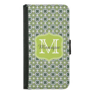 Monogram Green Flowers Pattern Wallet Phone Case For Samsung Galaxy S5