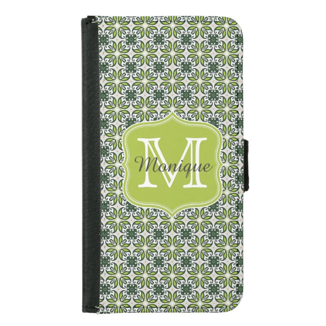 Monogram Green Flowers Pattern Samsung Galaxy Wallet Case (Front)