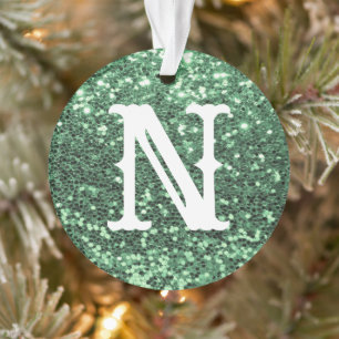 Monogram Green Glitter Metallic Christmas Holiday Ornament