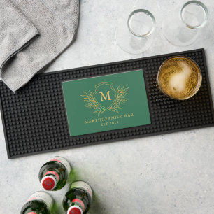 Monogram Green Gold Crest Family Name Bar Mat