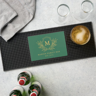 Monogram Green Gold Crest Family Name Bar Mat