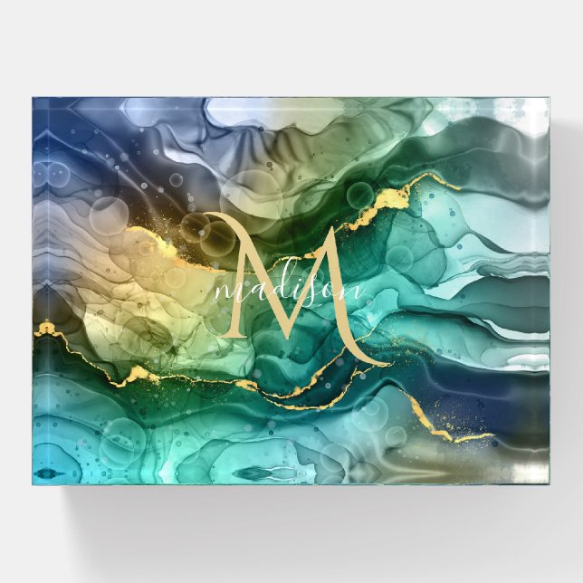 Monogram Green & Gold Fluid Alcohol Ink Agate   Paperweight (Front)