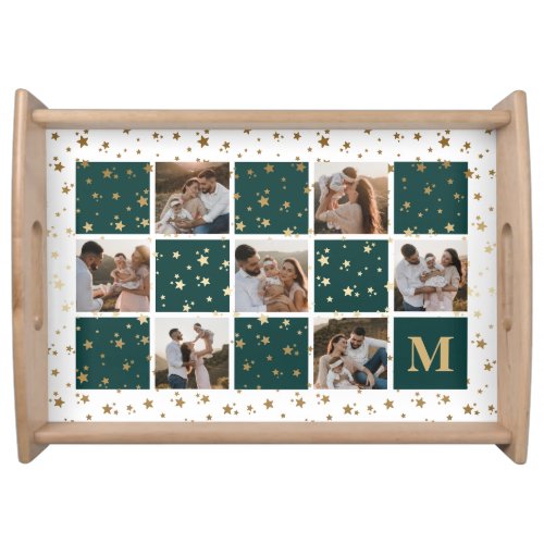 Monogram Green Gold Photo Collage Christmas Serving Tray