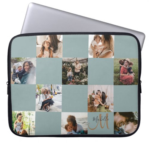 Monogram Green  Gold Photo Collage Laptop Sleeve