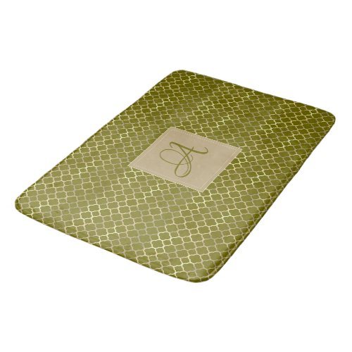 Monogram Green Gold Quatrefoil Newlyweds Wedding Bath Mat