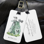 Monogram Green Golf Bag Luggage Tag<br><div class="desc">This elegant monogram golf bag or luggage tag features a stylish sage green watercolor golf bag filled with clubs, surrounded by a touch of green grass. The design incorporates a simple serif font initial monogram on the bag, blending seamlessly into the overall design. Below the monogram, the full name is...</div>