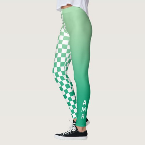 Monogram Green Gradient White Checkered Pattern Leggings
