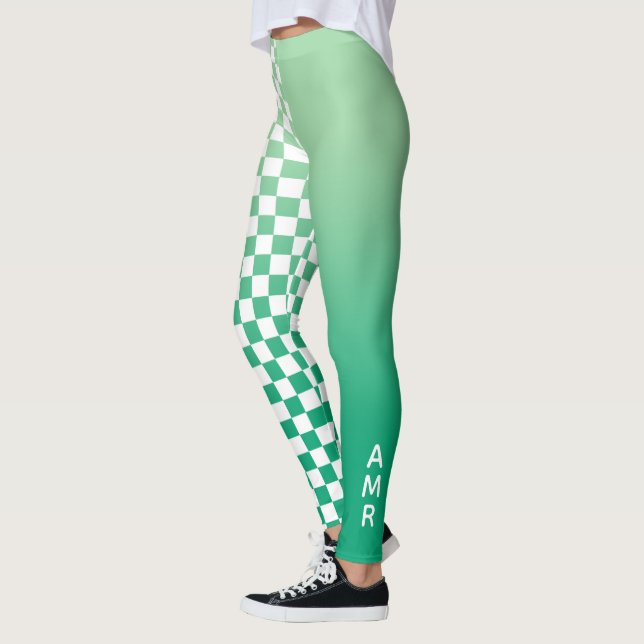 Monogram Green Gradient White Checkered Pattern Leggings (Left)
