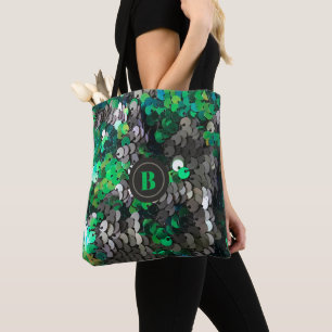 Monogram green gray glitter sequins shiny sparkle  tote bag