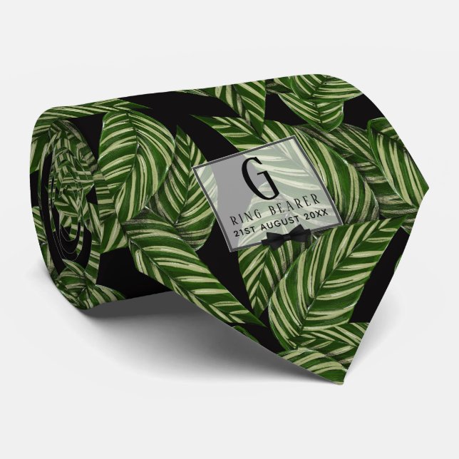 Monogram Green Leaf Tropical RING BEARER Wedding Neck Tie (Rolled)