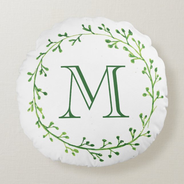 Monogram Green Leafy Wreath Round Pillow (Front)