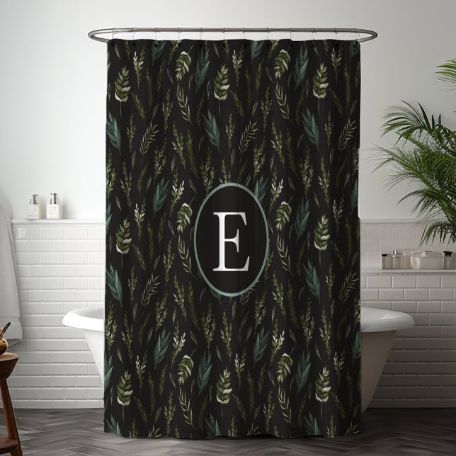 Monogram Green Leaves Botanical Pattern Shower Curtain (In situ bathroom)
