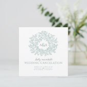 Monogram green leaves wedding cancelation announcement (Standing Front)
