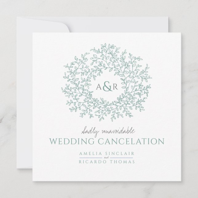 Monogram green leaves wedding cancelation announcement (Front)