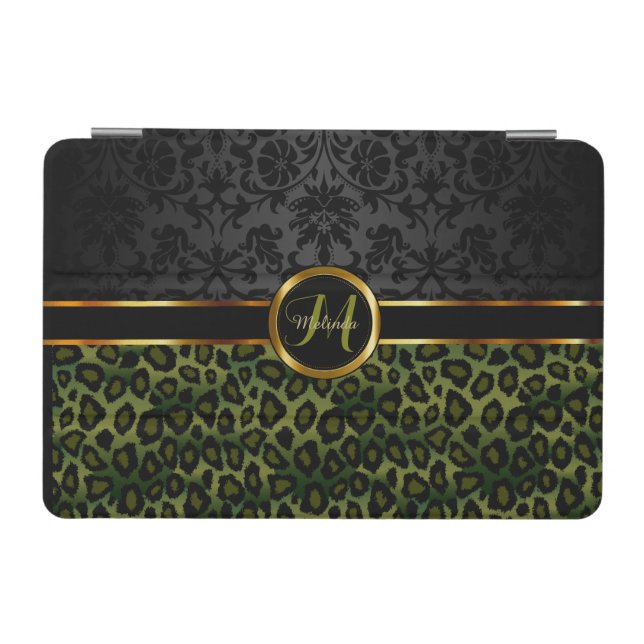 Monogram Green Leopard and Black Damask iPad Mini Cover (Horizontal)