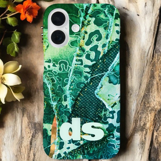 Monogram green leopard animal print pattern  iphone case (Creator Uploaded)