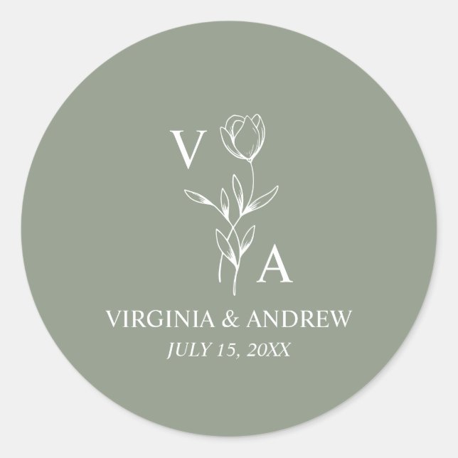 Monogram Green Minimalist Boho Wedding Classic Classic Round Sticker (Front)