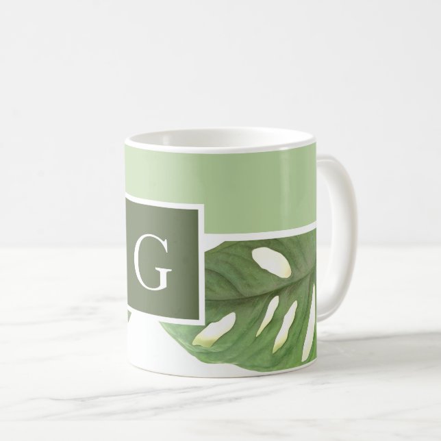 Monogram Green Monstera Leaf Coffee Mug (Front Right)