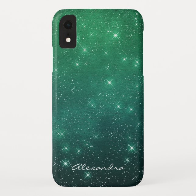 Monogram Green Ombre Sparkle Stars Midnight Sky Case-Mate iPhone Case (Back)