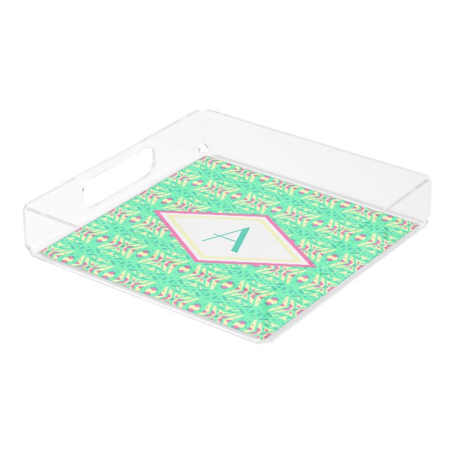 Monogram Green Pink Art Deco Custom Initial Acrylic Tray (Angled)