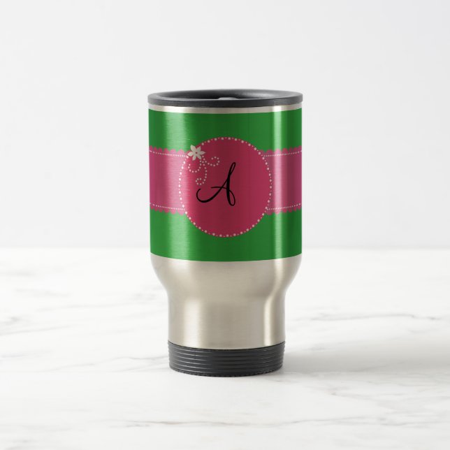 Monogram green pink flower circle travel mug (Center)