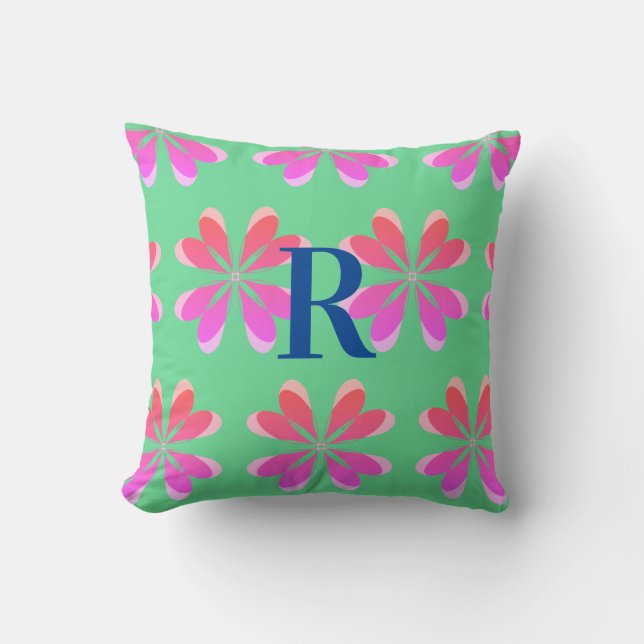 Monogram green pink retro floral throw pillow (Front)