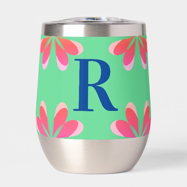 Monogram green pink retro thermal wine tumbler (Front)