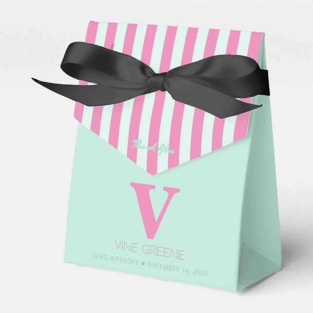 Monogram Green Pink Stripes Favor Box (Front Side)