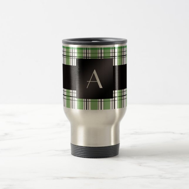 Monogram green plaid travel mug (Center)