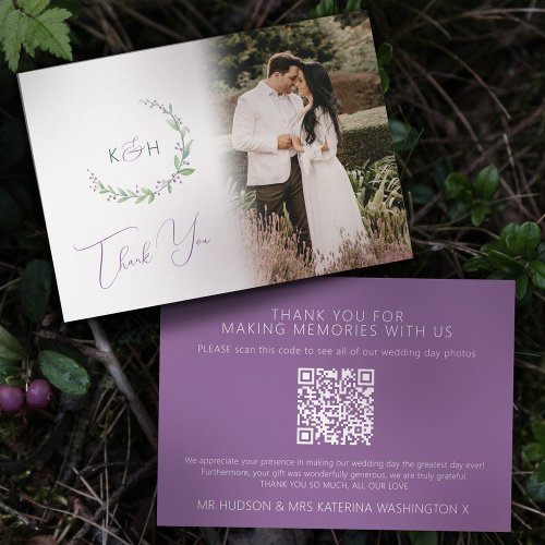 Monogram green purple berry wedding photo QR Code Thank You Card
