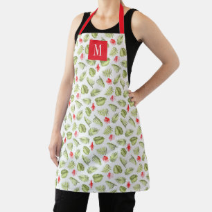 Monogram Green Red Botanical Palm Leaves Apron