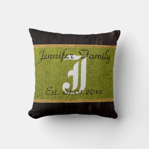 Monogram Green Rustic Burlap Linen Wood Look Throw Pillow