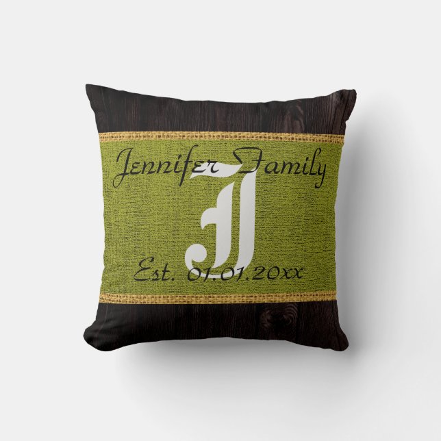 Monogram Green Rustic Burlap Linen Wood Look Throw Pillow (Front)