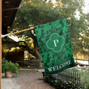 Monogram Green Shamrock St Patrick's Day Welcome House Flag