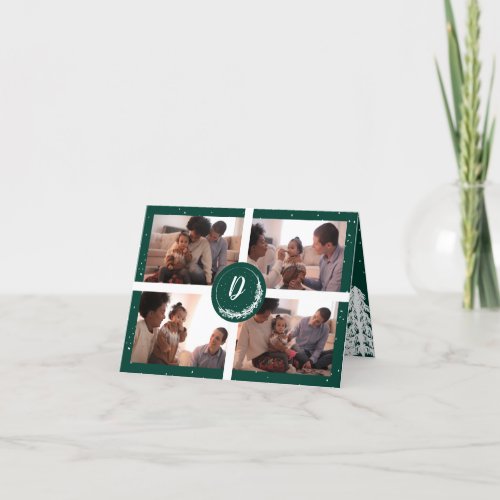 Monogram Green Snowy Pine Tree Forest 3_Photo Holiday Card