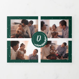 Monogram Green Snowy Pine Tree Forest 6-Photo Tri-Fold Holiday Card