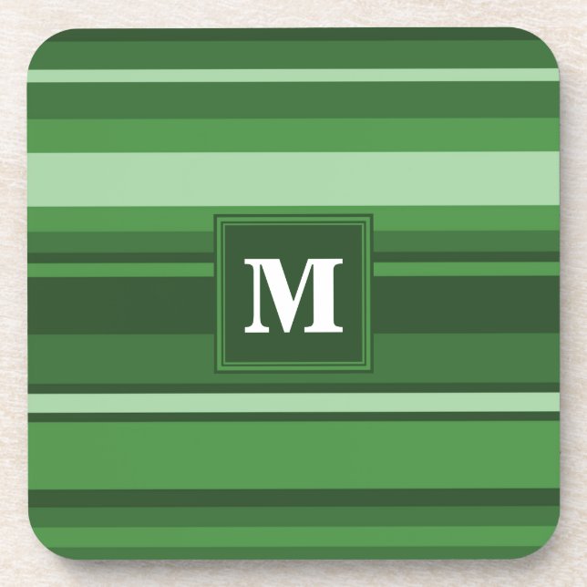 Monogram green stripes beverage coaster (Front)