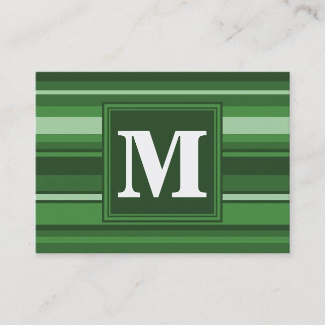 Monogram green stripes business card (Front)