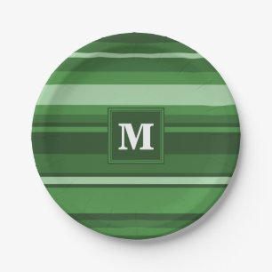 Monogram green stripes paper plates