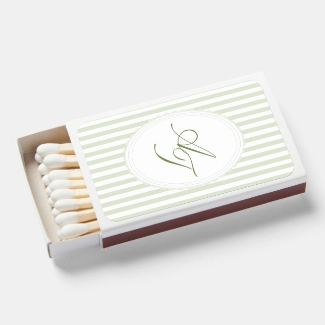 Monogram Green Stripes Wedding Matchboxes (Front Open)