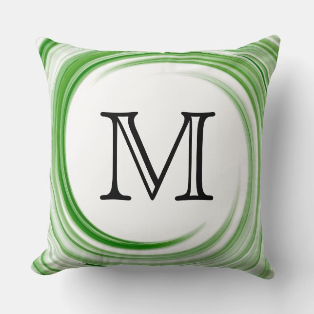 Monogram Green Swirl Abstract Throw Pillow (Front)