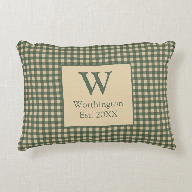 Monogram Green Tan Beige Buffalo Plaid Country  Accent Pillow (Front)
