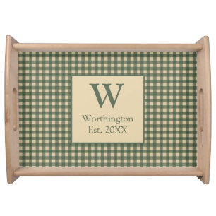 Monogram Green Tan Beige Buffalo Plaid Country  Serving Tray