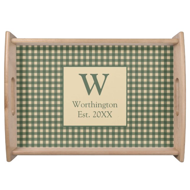 Monogram Green Tan Beige Buffalo Plaid Country  Serving Tray (Front)