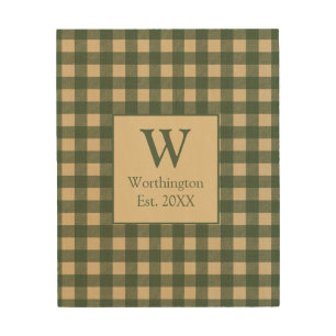 Monogram Green Tan Beige Buffalo Plaid Country Wood Wall Art