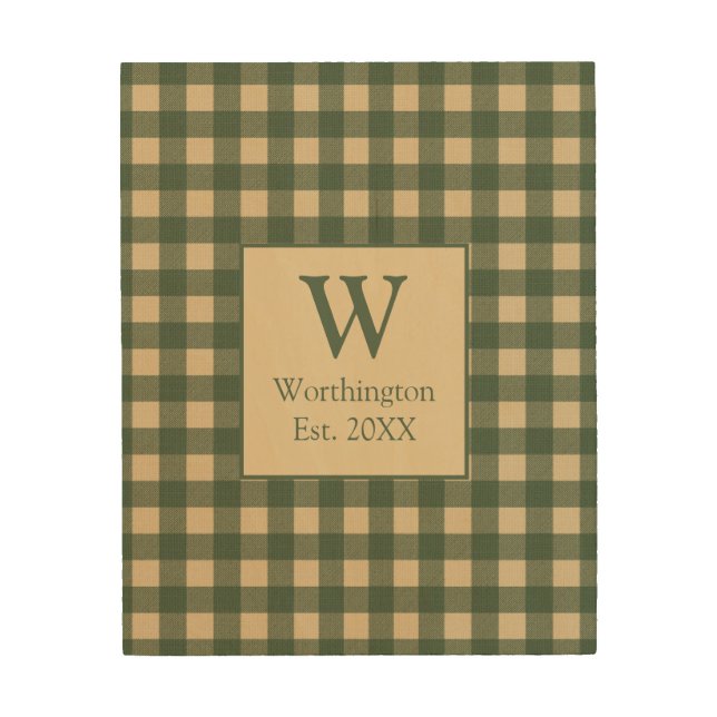 Monogram Green Tan Beige Buffalo Plaid Country Wood Wall Art (Front)
