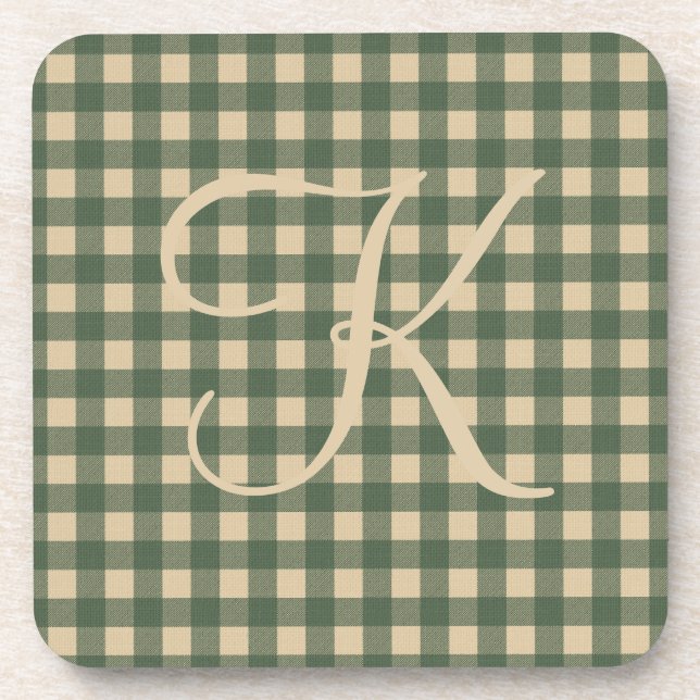 Monogram Green Tan Buffalo Plaid Rustic Country   Beverage Coaster (Front)