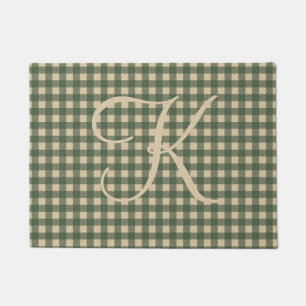 Monogram Green Tan Buffalo Plaid Rustic Country   Doormat